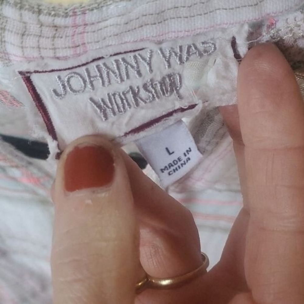 Johnny Was Workshop Embroidered Plaid Eyelet Tassel Blouse White Pink Large - Picture 8 of 16